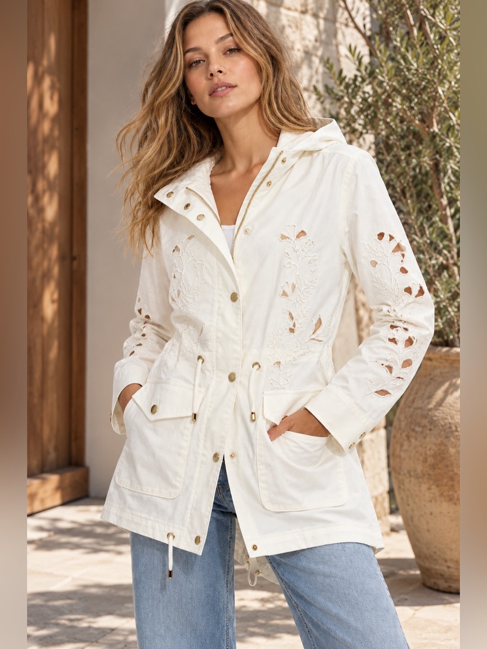 Floral Embroidered Eyelet Hooded Anorak Utility Jacket in White